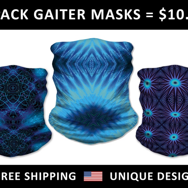 3 Pack Neck Gaiter Bandana Face Mask- Stretchy Tube Scarf-Blue Scarves- Psychedelic Artwork- Festival Designs- Hiking, Biking, Dust, Cold