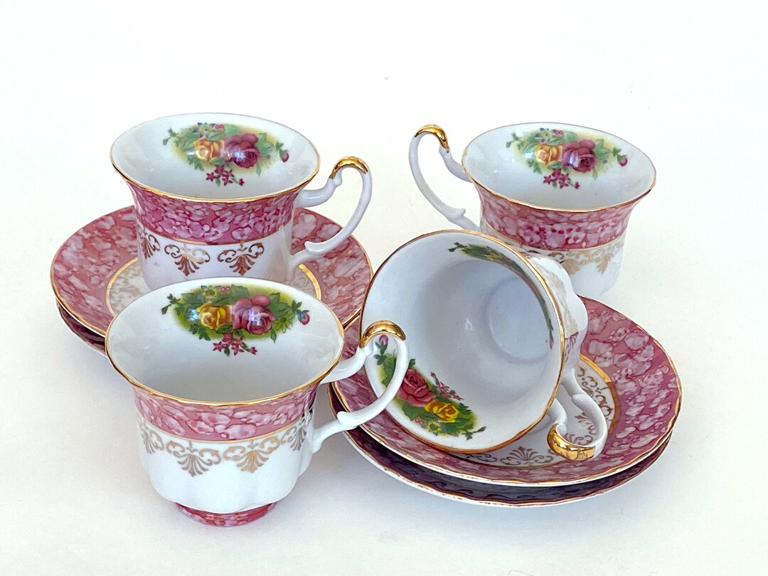 Vintage Imperial Japan Design Teacup and Saucer Set of 4 Pink