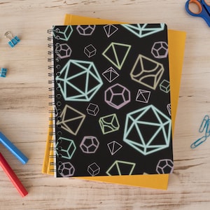 DnD Dice Pattern Spiral Bound Notebook | 8in x 5in | Lined 90gsm Paper | DnD Gaming Journal | D20 Dice Pattern Notebook Black Neon