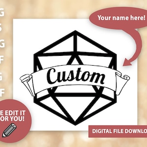 May include: Black and white geometric design with the word "Custom" on a banner. The image includes text that says "SVG, EPS, PNG, PDF, JPG, TIFF" and "We edit it for you!" and "Digital file download!" with a speech bubble that says "Your name here!"