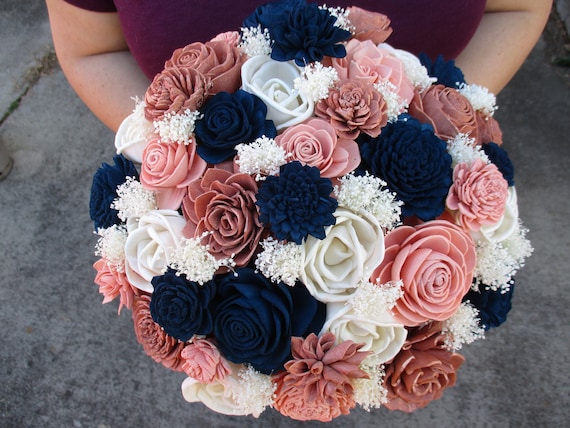 The Princess Rose Gold Navy Blue Blush And Ivory Wood Flower Wedding Bouquet