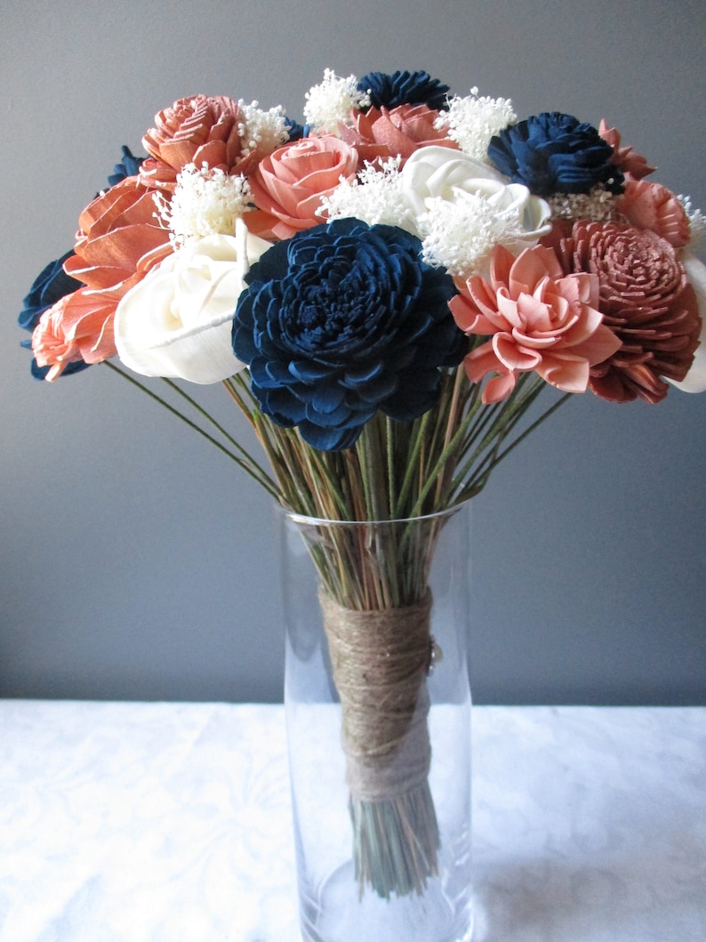 and Ivory Wood Flower Wedding Bouquet The Princess-Rose Gold Navy Blue Blush