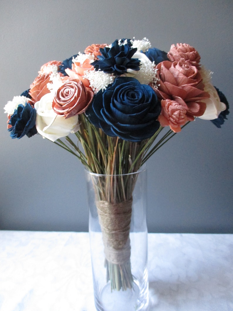 and Ivory Wood Flower Wedding Bouquet The Princess-Rose Gold Navy Blue Blush