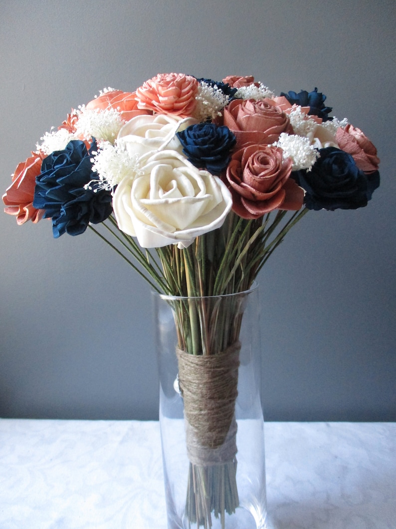 and Ivory Wood Flower Wedding Bouquet The Princess-Rose Gold Navy Blue Blush