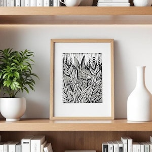 Forest Hare Lino Print, Hand Printed, Awagami paper