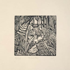 Fox lino print, hand printed, Awagami Kitikata paper