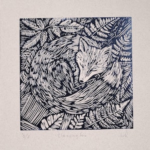 Fox lino print, hand printed,  on Murano paper