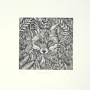 Fox lino print, hand printed, Awagami Shiramine   paper