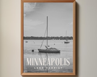 Minneapolis Minnesota Lake Harriet Sailboat Vintage Inspired Black and White Wall Art Poster Print (PNG Digital Download File)