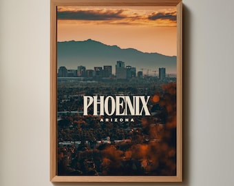 Phoenix Arizona Sunset City Skyline Vintage Inspired Desert Wall Art Poster Print (PNG Digital Download File)