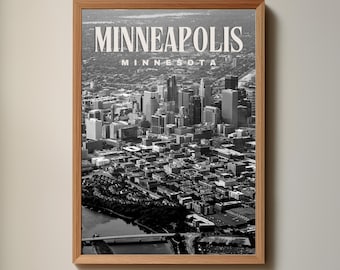 Minneapolis Minnesota City Skyline Vintage Black and White Wall Art Poster Print (PNG Digital Download File)