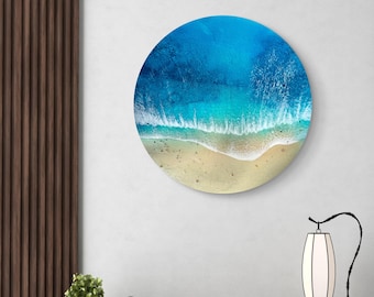 Pintura marina fotorrealista de resina: Océano turquesa, playa de arena blanca, arte de pared redondo
