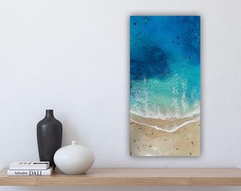 Aerial Ocean Painting: Turquoise Seascape, Epoxy Resin Art (12"x 24")