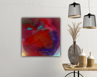 Pintura abstracta de resina: rojo, turquesa y dorado - 61 x 61 cm