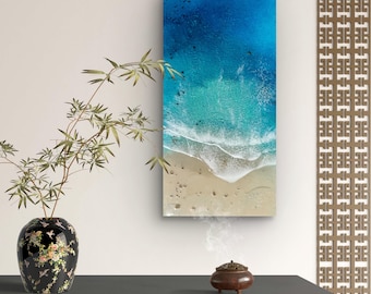 空撮による海洋絵画：ターコイズブルーの海景、エポキシ樹脂アート（12インチ×24インチ）