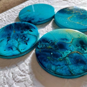 Turquoise Gold Ceramic Coasters: Hand-Painted Seascape Barware, Set of 5