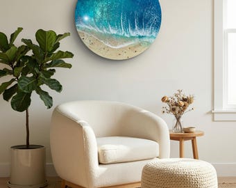 Photorealistic Resin Seascape Painting: Turquoise Ocean, White Sand Beach, Round Wall Art