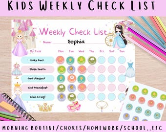 May include: A pink and white weekly checklist for kids with the text "Kids Weekly Check List" and "Weekly Check List". The checklist includes tasks like "make bed" and "blush teeth". The name "Sophia" is written on the checklist.