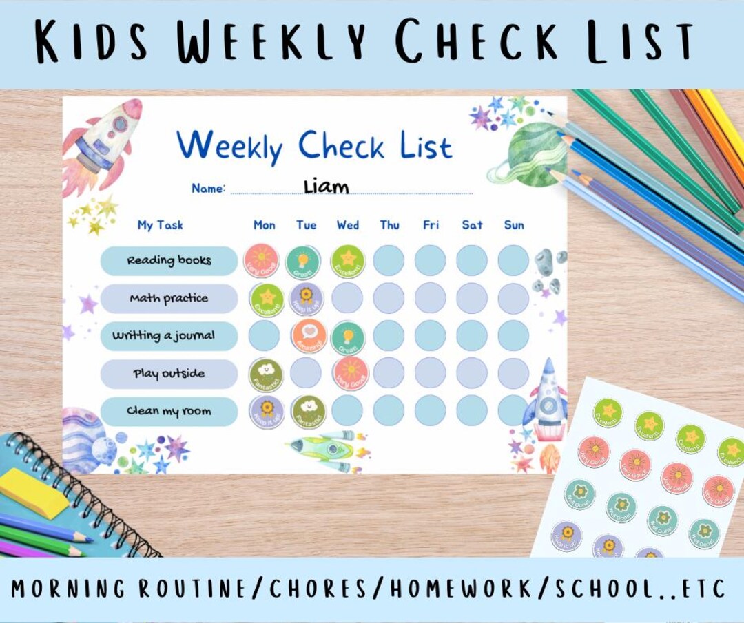Homework Chore Routine Chart Printable Space Chore Chart for Kids | Weekly Routine Checklist ...