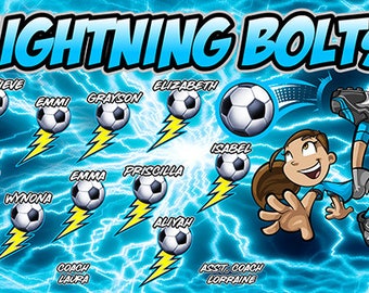 May include: A blue and yellow soccer team banner with the words "Lightning Bolts" at the top. The banner features a cartoon girl kicking a soccer ball, and a list of names for the team members, including Genevieve, Elizabeth, Emmi, Grayson, Isabel, Olivia, Emma, Priscilla, Wynona, and Aliyah. The banner also includes the names of the coaches, Laura and Lorraine.