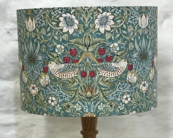 William Morris Lampshade, Kelmscott Aqua Strawberry Thief Fabric Drum Lampshade