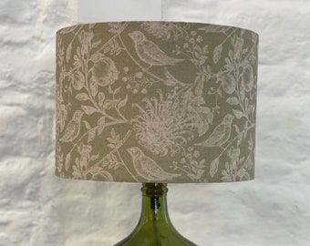 Soft Green Birds & Floral Drum Lampshade Linen 20cm, 25cm, 30cm, 35cm, 40cm Diameter, Lampshades, Lighting, Home