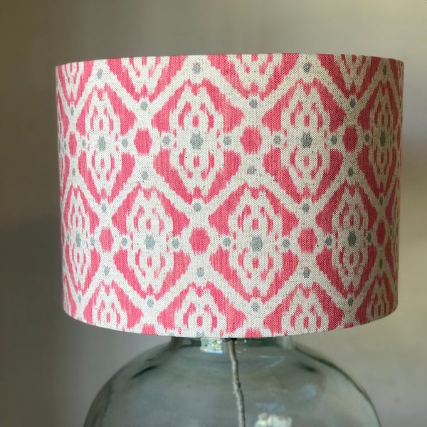 Bright Pink and Grey Ikat Style Drum Lampshade, 20cm, 25cm, 30cm, 35cm, 40cm Diameter, Lampshades, Lighting, Home, Modern, Contemporary