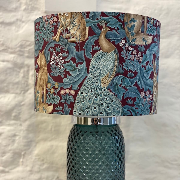 William Morris Lampshade -  Forest, Plum & Teal Colour Fabric Drum Lampshade featuring Foxes, Peacocks, Hares. Art Nouveau