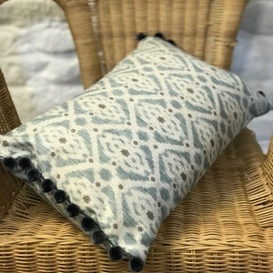 Light Blue Ikat Rectangular Cushion, feather or fibre inner, pompom trim, duck egg cushion, handmade cushion covers, soft furnishings