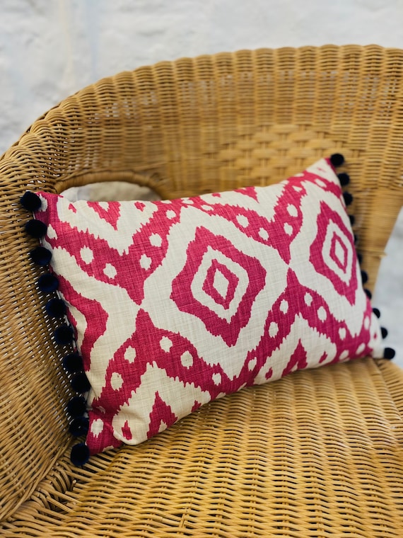 Cerise Pink Ikat Cushion Contemporary Feather Inner Pompom Trim