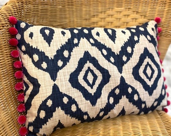 Navy Ikat Cushion, contemporary, feather inner, pompom trim, handmade cushion, handmade soft furnishings