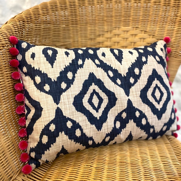 Navy Ikat Cushion, contemporary, feather inner, pompom trim, handmade cushion, handmade soft furnishings