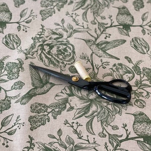 Dark Green Hummingbird Floral Fabric: Natural Curtain Fabric by the Metre