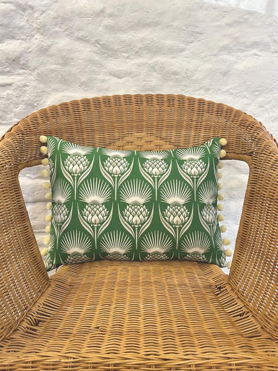 Emerald Green Thistle Cushion: Handmade Pillow With Pom Pom Trim