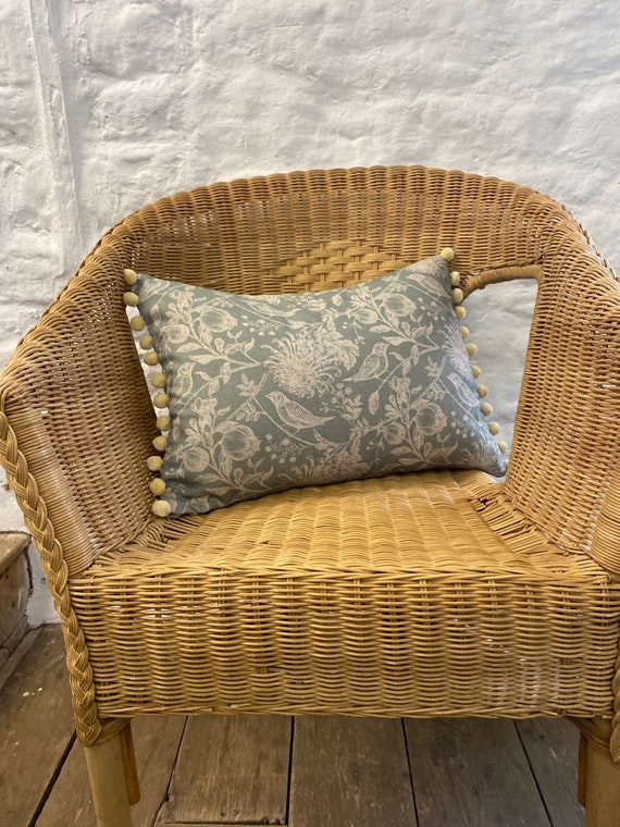 Duck Egg Blue Cushion Birds and Floral Design Light Blue Cushion Feather or Fibre Inner Pompom Trim Handmade Cushion. Etsy