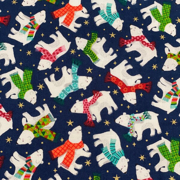 Polar Bear Fabric from Makower, Christmas Fabric, Quilting. Metallic Stars, Crafting Fabric Sold by the Quarter Metre (NAVY)