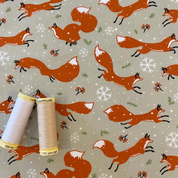 Fox Christmas Fabric, Leaping Fox Christmas Polycotton Fabric Sold by the Quarter Metre, Fat Quarters
