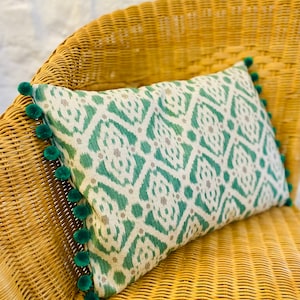 Green Ikat Cushion, feather inner, pompom trim, handmade furnishings