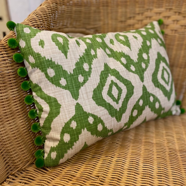 Green Ikat Cushion, contemporary, feather inner, pompom trim, handmade cushion, handmade soft furnishings