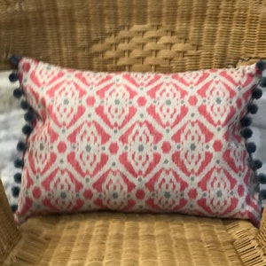 Pink Ikat Cushion, feather inner, pompom trim, handmade cushion, handmade soft furnishings