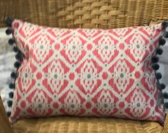 Pink Ikat Cushion, feather or hollowfibre inner, pompom trim, handmade rectangular cushion, handmade soft furnishings, cushion covers