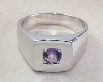 Sterling silver gents Amethyst set signet ring. Real round cut Amethyst. Perfect gift idea for any occasion