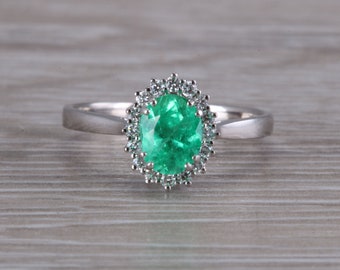 Emerald and Halo set Diamond White Gold Ring