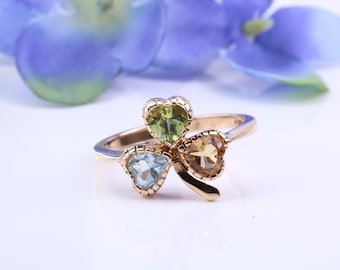 Multi Gemstone set Three Leaf Clover Ring, British Hallmarked Gold Ring