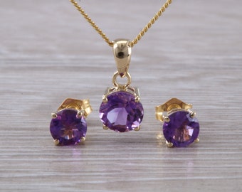 Runde Amethyst Halskette mit Passenden Ohrstecker Set in Gelbgold