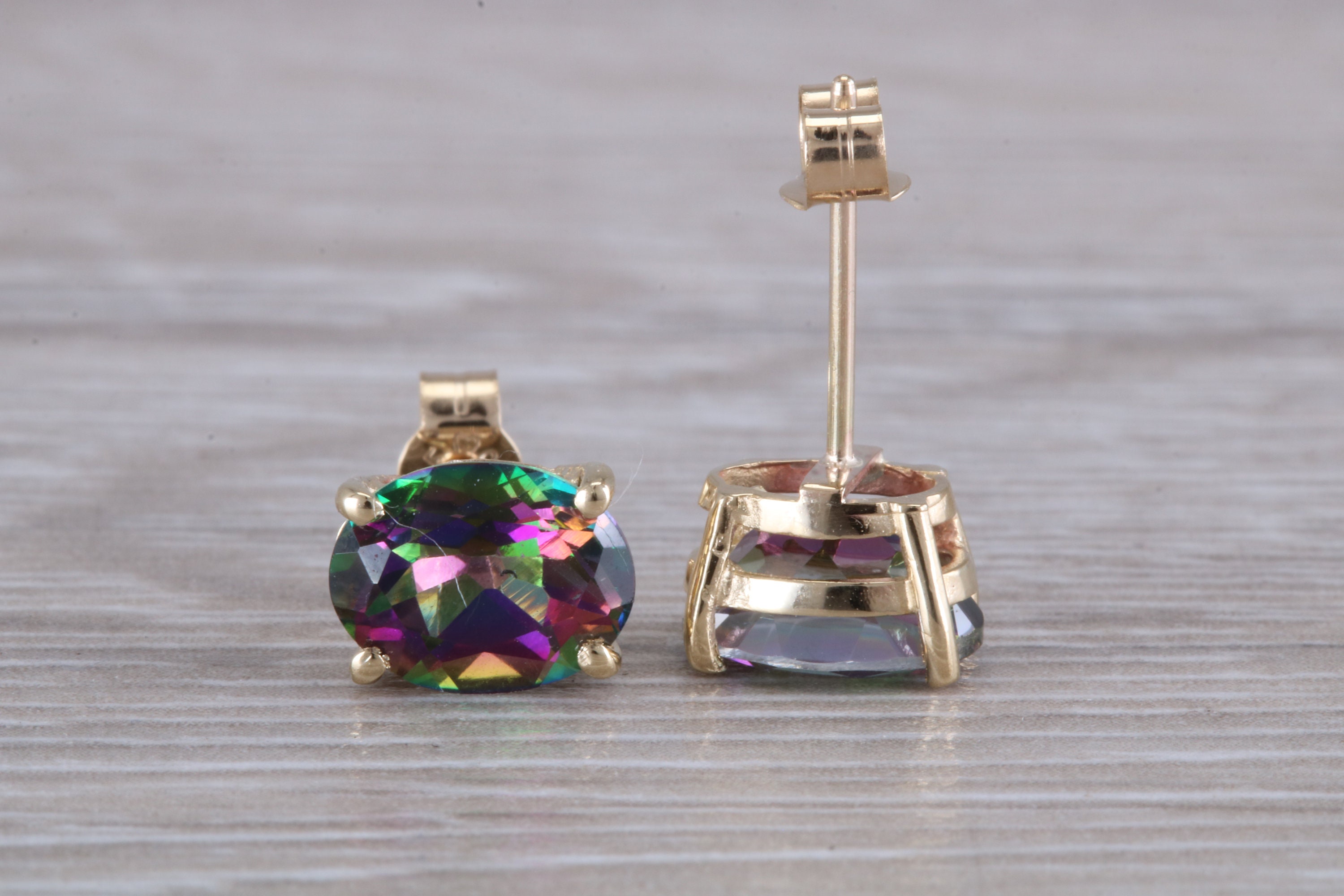 Oval Cut Mystic Topaz Set Yellow Gold Stud Earrings - Etsy display picture 1
