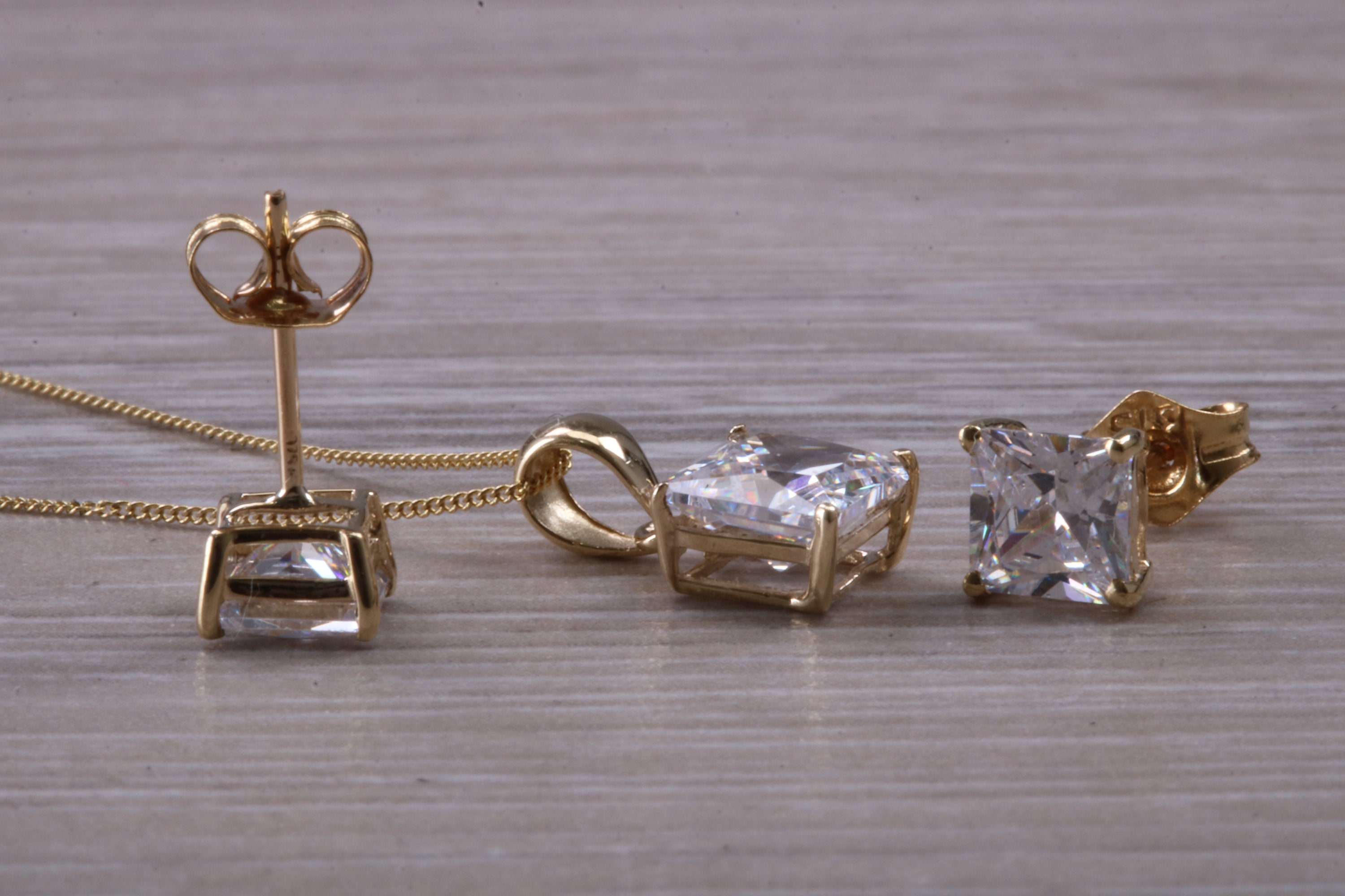 Square Cut Yellow Gold C Z Set Diamond Look Earrings and Square Cut Yellow Gold C Z Set Diamond Look Earrings and