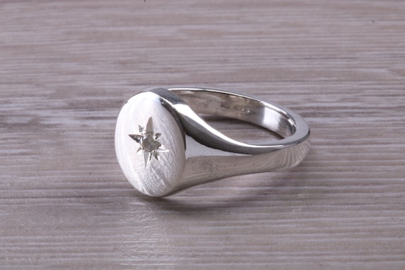 Chunky Oval Faced Diamond Set Signet Ring in Silver - Etsy