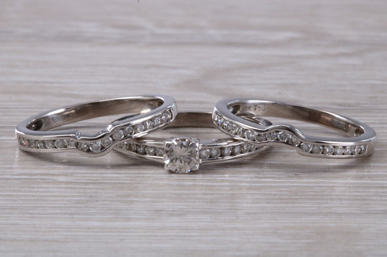 Complete Bridal set Of Three Diamond set Rings, Engagement, Wedding and Eternity Ring image 1