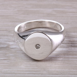 Chunky Sterling Silver Diamond set Signet Ring, Free Engraving